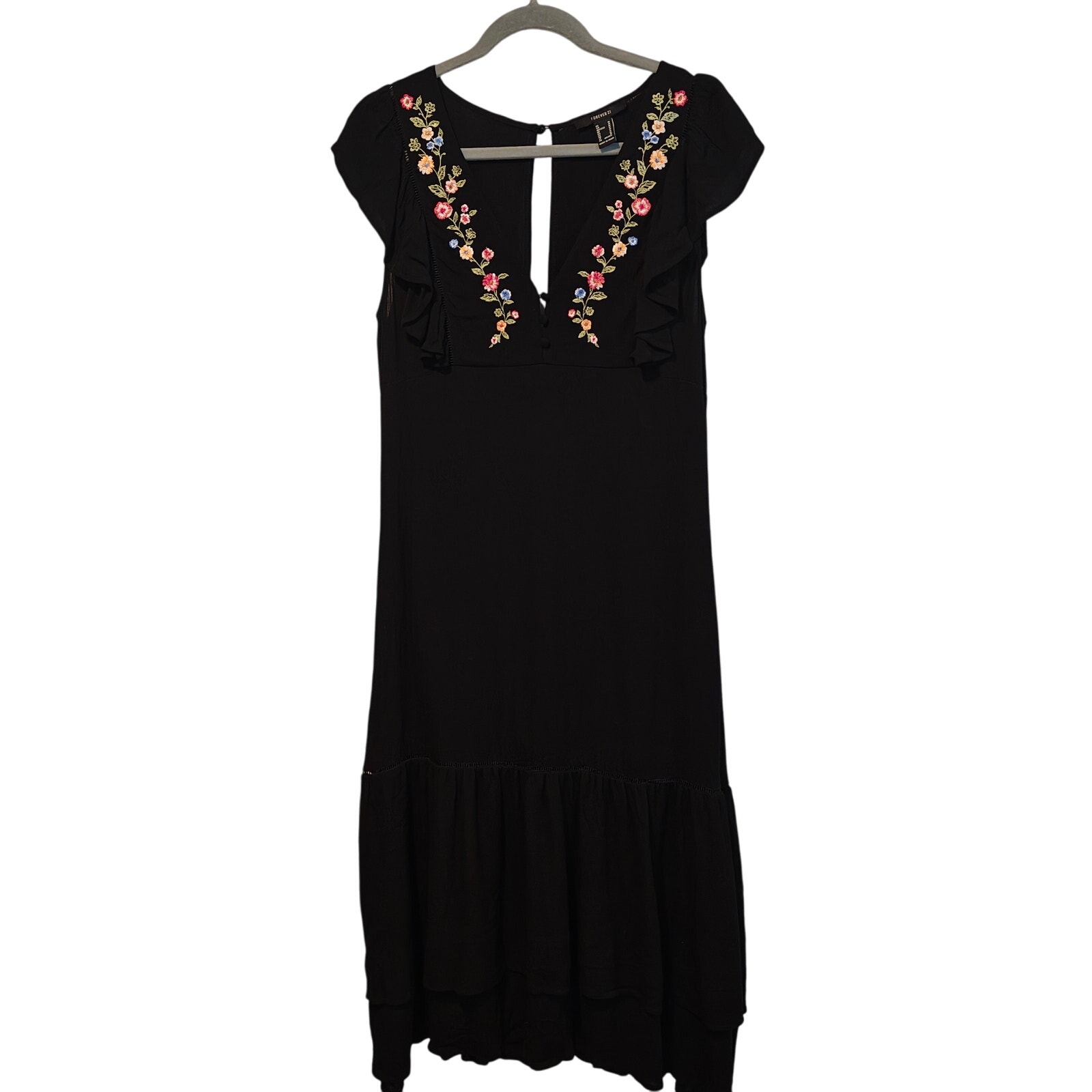 Forever 21 Black Dress Medium Flutter Sleeve Embroidered Vneck Ruffles Boho